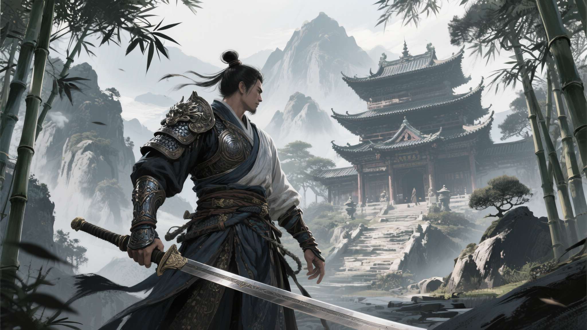 从流传的概念图来看，场景设定以中国古典武侠世界为背景，山川庙宇、竹林剑客，配合极